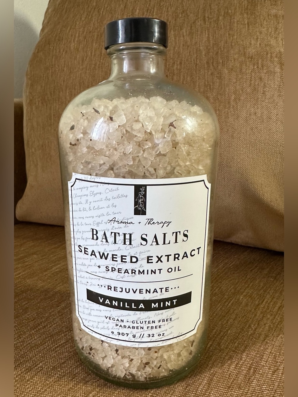 Large glass bottle of Bath Salts • vanilla mint • reusable bottle • seaweed